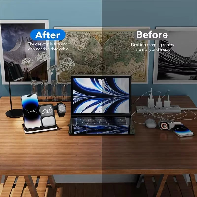 6-in-1 Wireless Charging Station with Alarm Clock & LED Light – Phone, Watch & Earbuds Charger