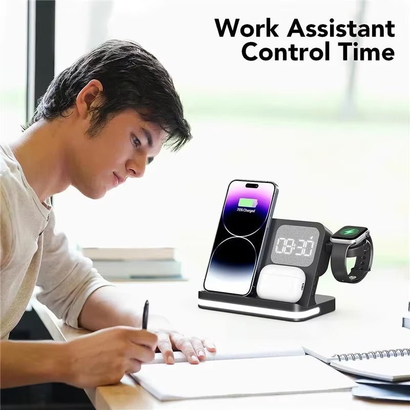 6-in-1 Wireless Charging Station with Alarm Clock & LED Light – Phone, Watch & Earbuds Charger