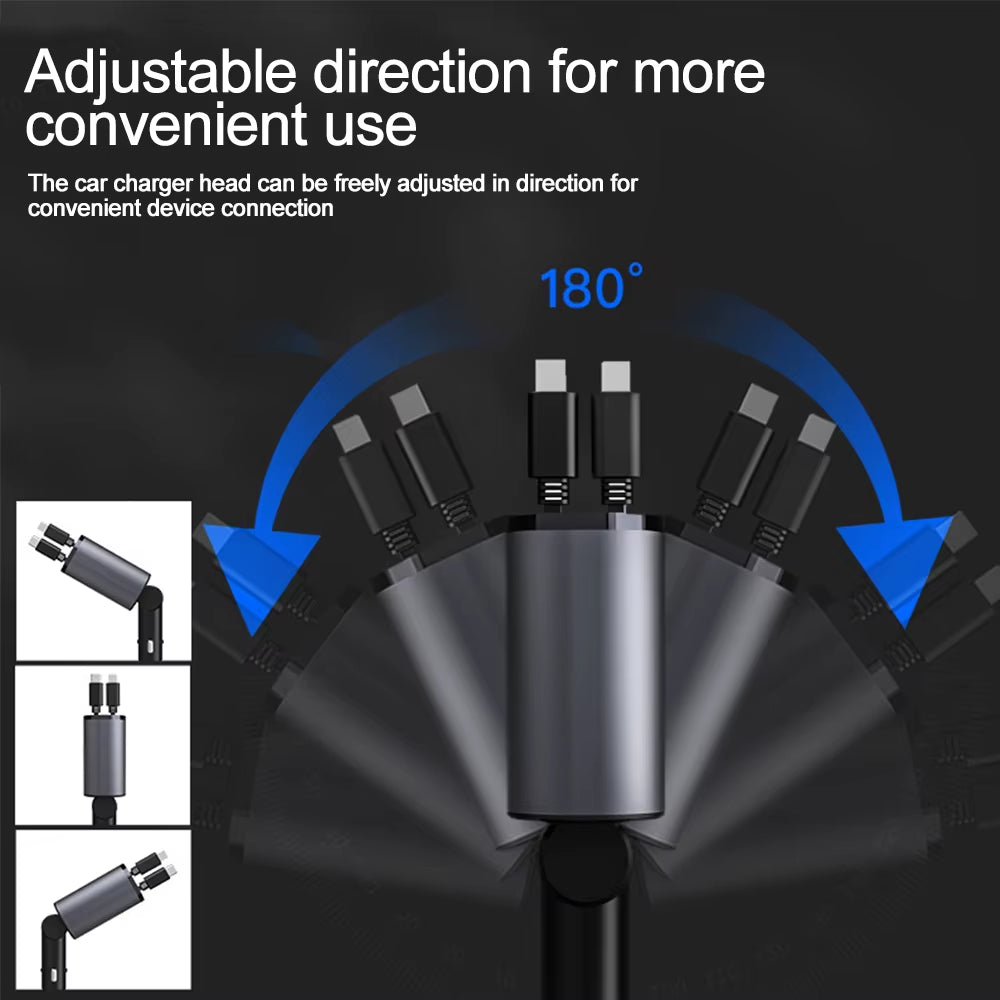 4-in-1 Car Charger with Retractable Cables – USB-C & USB-A Fast Charging