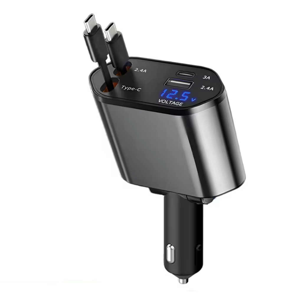 4-in-1 Car Charger with Retractable Cables – USB-C & USB-A Fast Charging