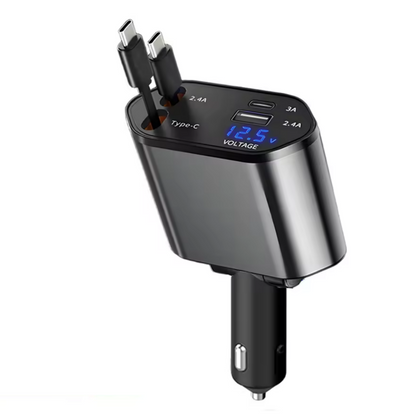 4-in-1 Car Charger with Retractable Cables – USB-C & USB-A Fast Charging