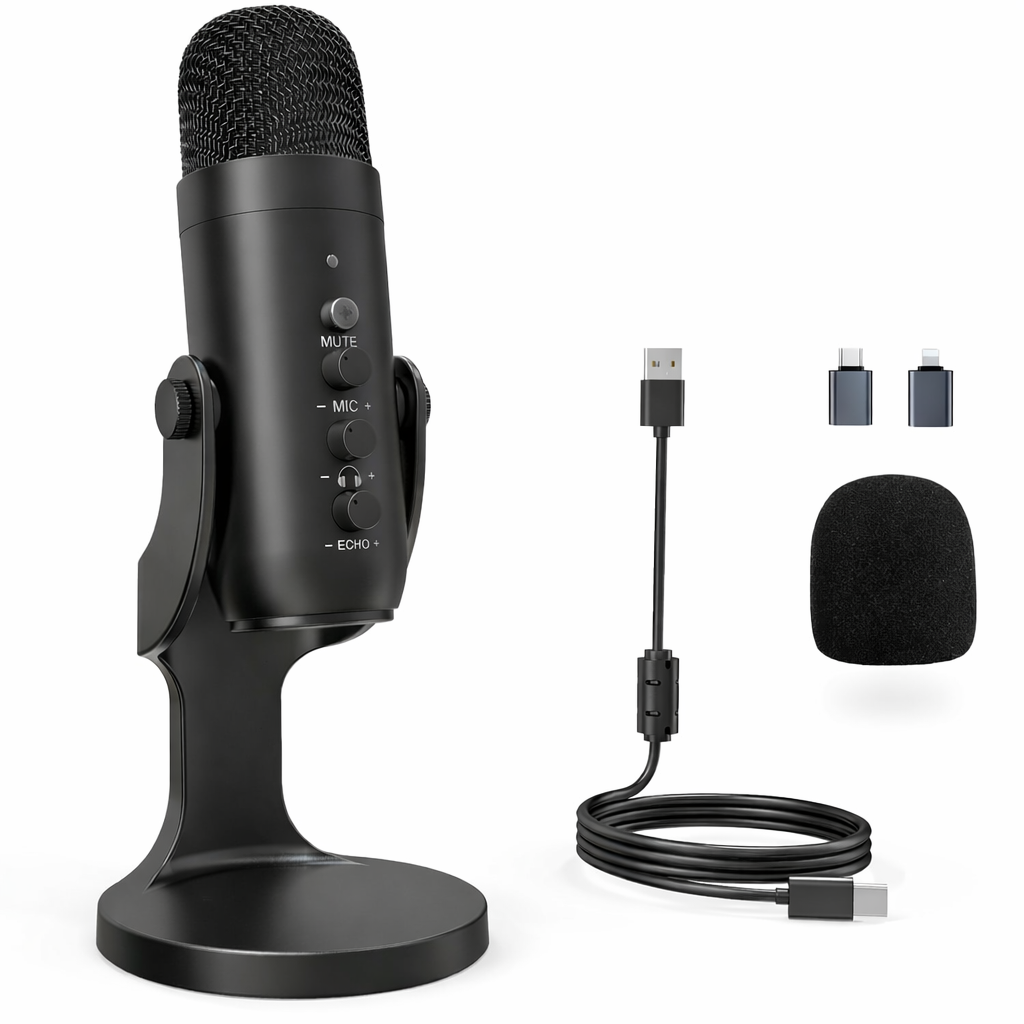 USB Condenser Microphone for PC & Mac, Plug & Play Computer Mic with Headphone Monitoring, Cardioid Noise Cancelling for Gaming, Streaming, Podcast & Recording