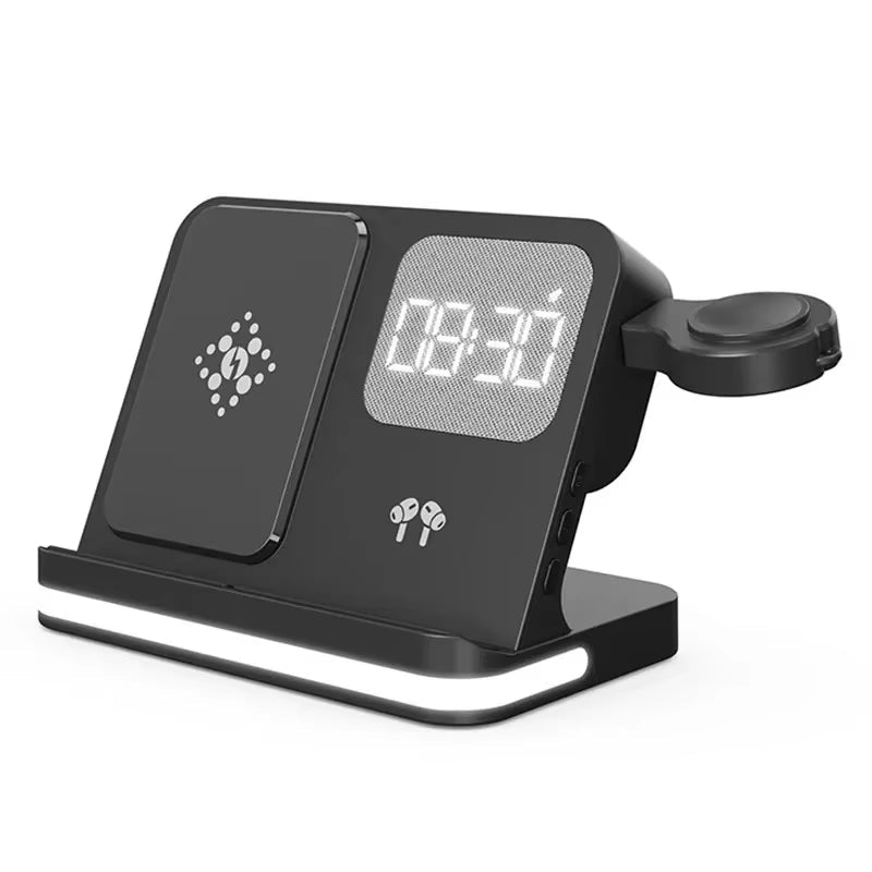 6-in-1 Wireless Charging Station with Alarm Clock & LED Light – Phone, Watch & Earbuds Charger