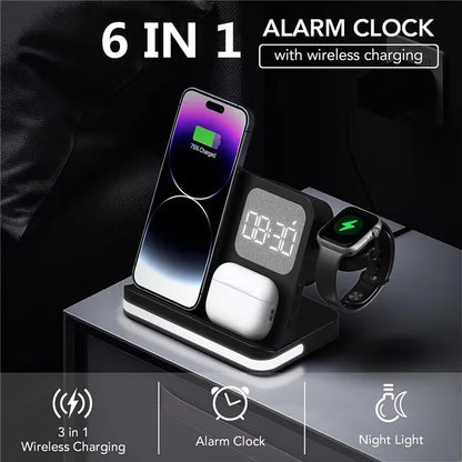 6-in-1 Wireless Charging Station with Alarm Clock & LED Light – Phone, Watch & Earbuds Charger