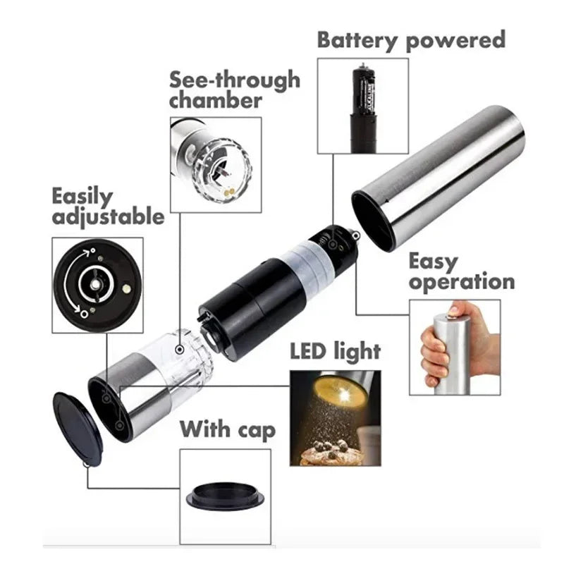 Electric Salt & Pepper Grinder – One-Hand Automatic Stainless Steel Mill with LED Light