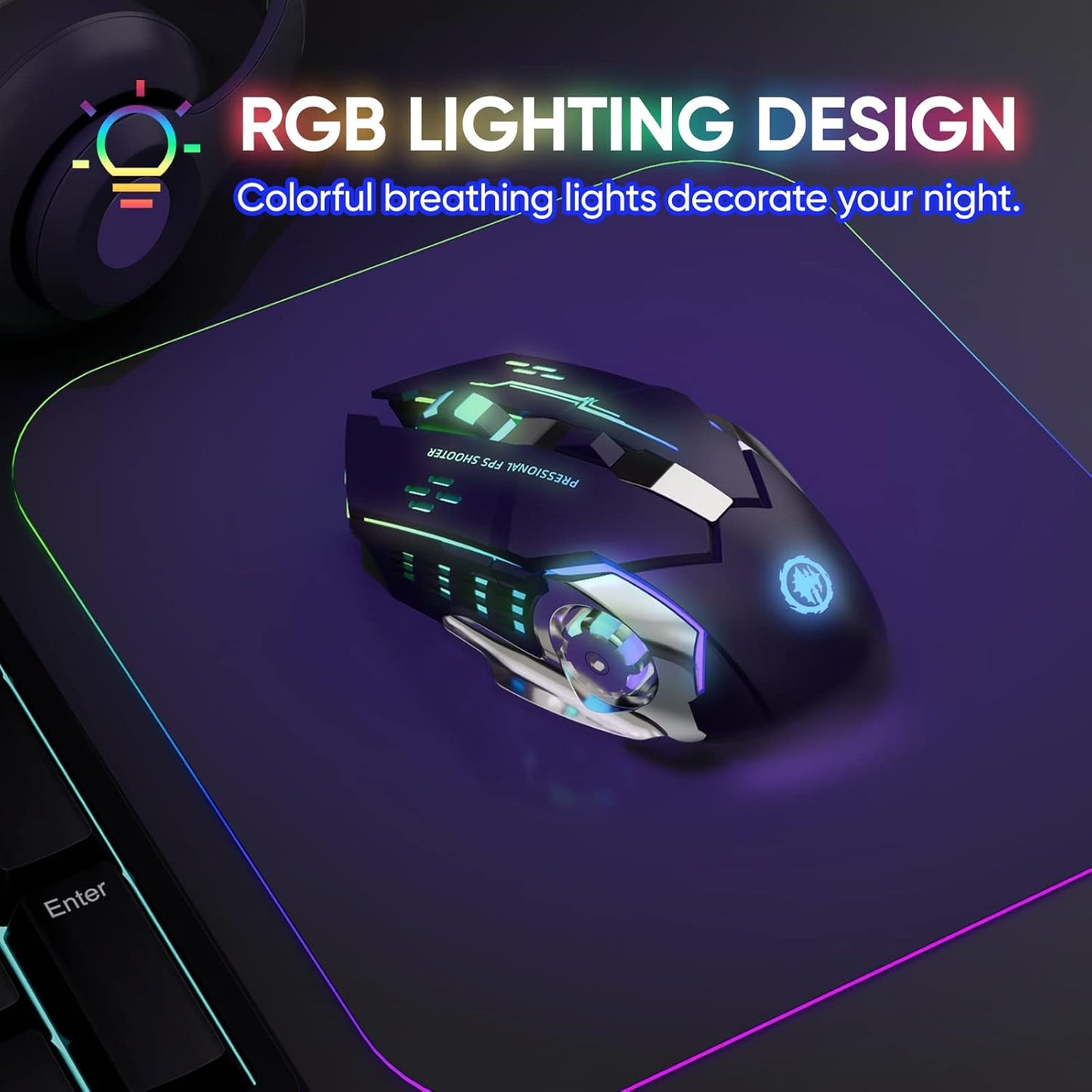 Bluetooth 5.2 RGB Gaming Mouse – Dual Mode (Bluetooth + 2.4G) Wireless Silent Mouse, 3600 DPI, Rechargeable