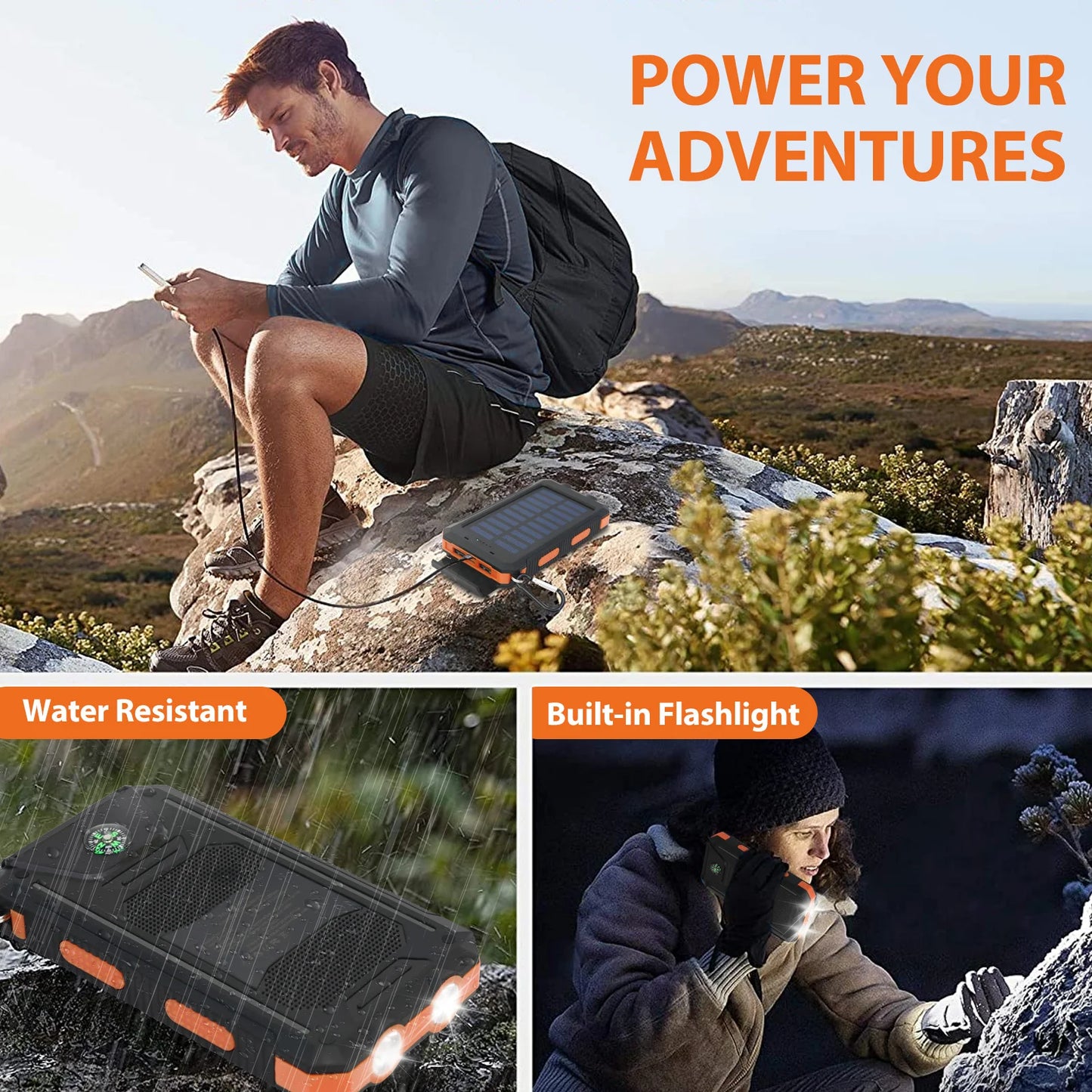 20000mAh Solar Power Bank Portable Charger, Waterproof Dual USB 5V, LED Flashlight for Outdoor & Emergency Use