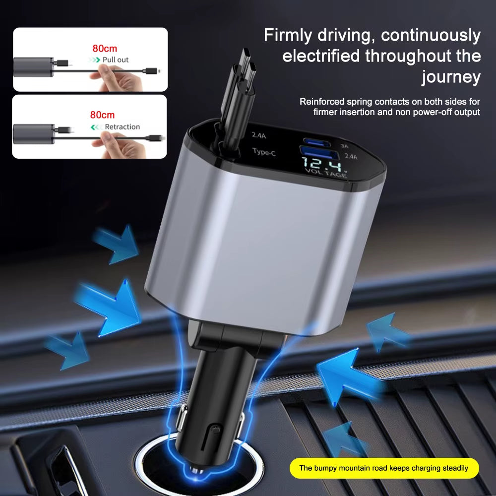 4-in-1 Car Charger with Retractable Cables – USB-C & USB-A Fast Charging