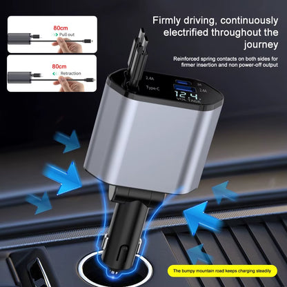 4-in-1 Car Charger with Retractable Cables – USB-C & USB-A Fast Charging