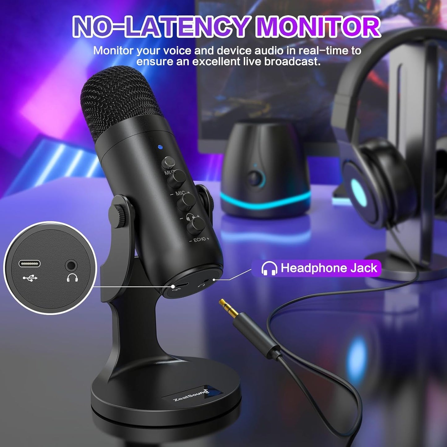 USB Condenser Microphone for All Devices, Plug & Play Computer Mic with Headphone Monitoring, Cardioid Noise Cancelling for Gaming, Streaming, Podcast & Recording