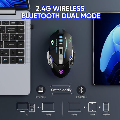Bluetooth 5.2 RGB Gaming Mouse – Dual Mode (Bluetooth + 2.4G) Wireless Silent Mouse, 3600 DPI, Rechargeable