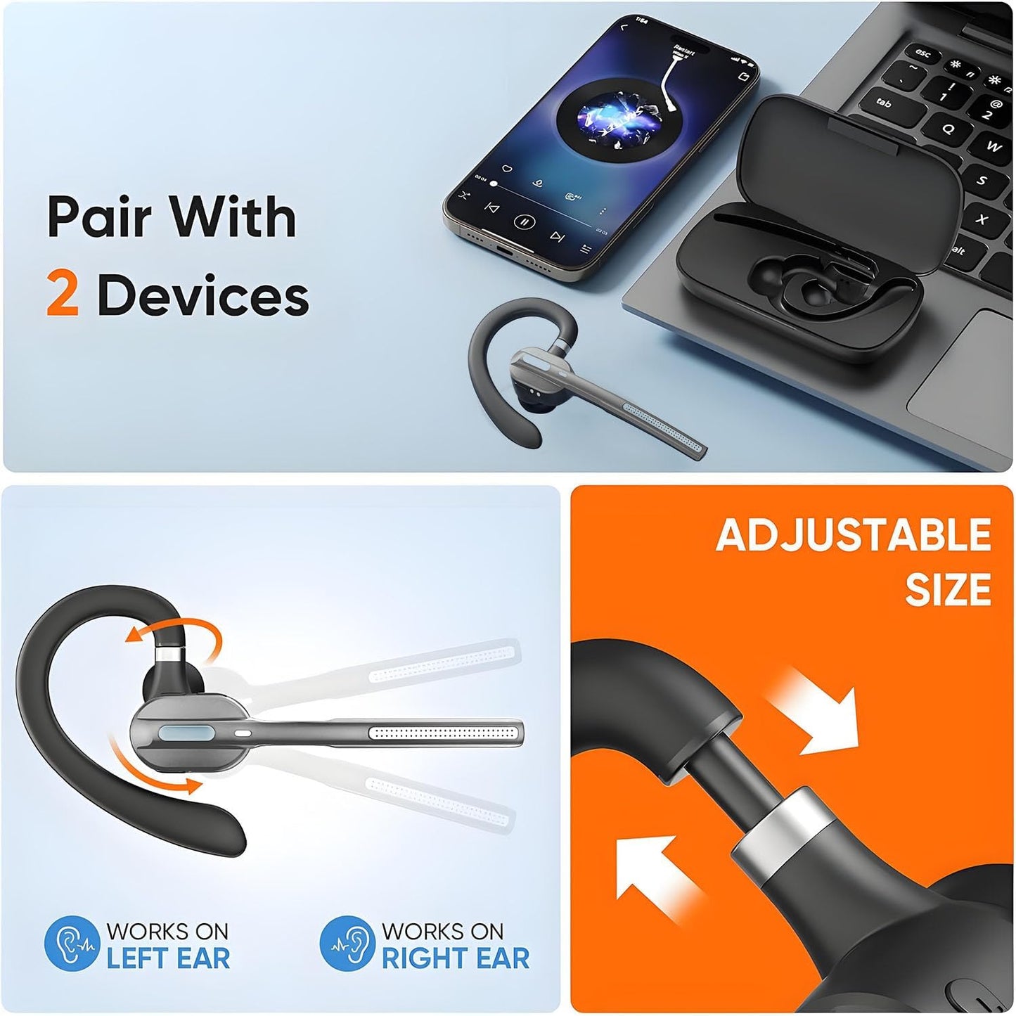 M53 Bluetooth Headset Wireless, Dual Mic Noise Cancelling Handsfree Earpiece for Driving & Office