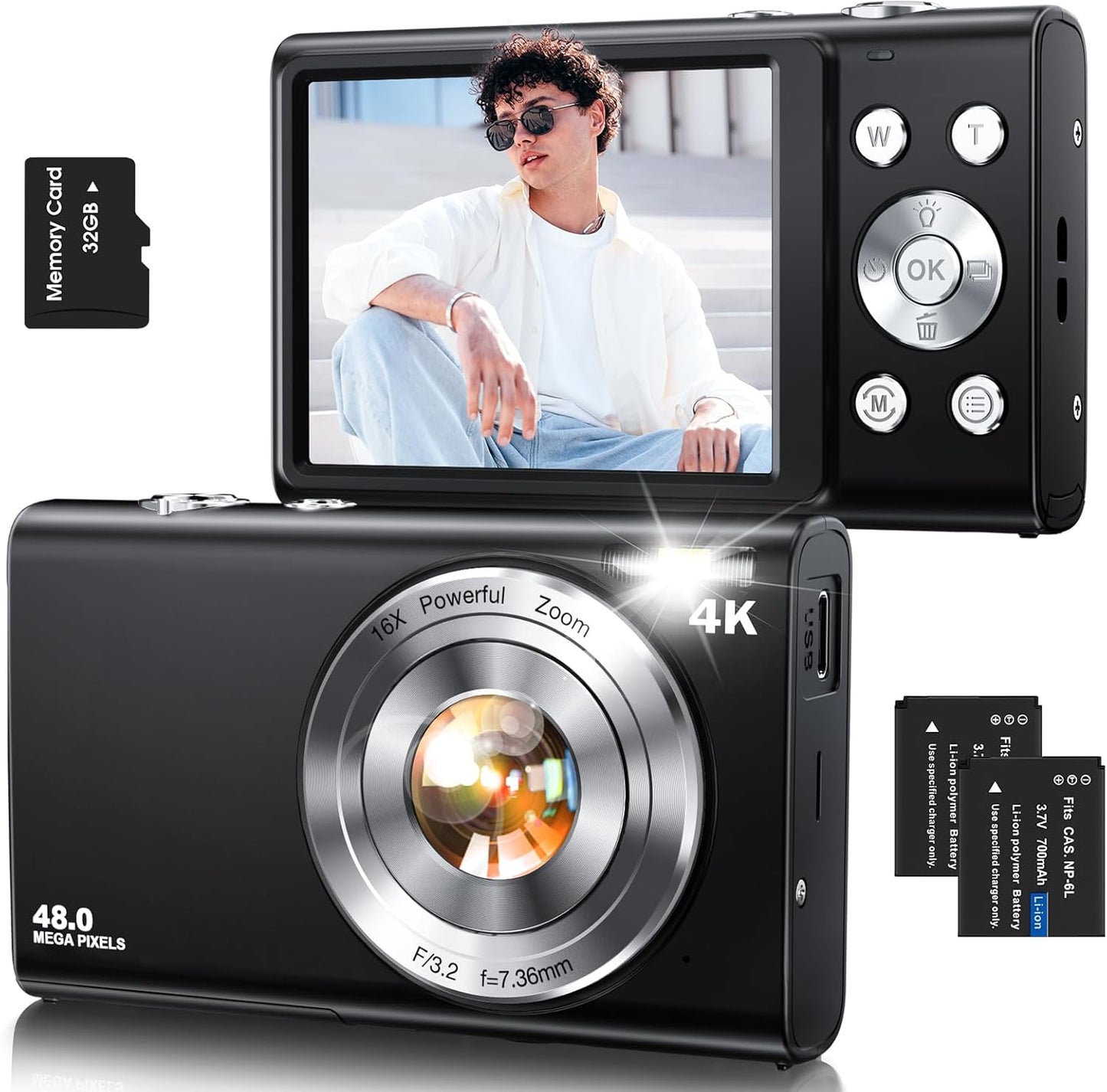 4K Digital Camera 48MP Autofocus Vlogging Camera with 2.8” Screen, 16X Zoom, LED Fill Light for Kids & Adults