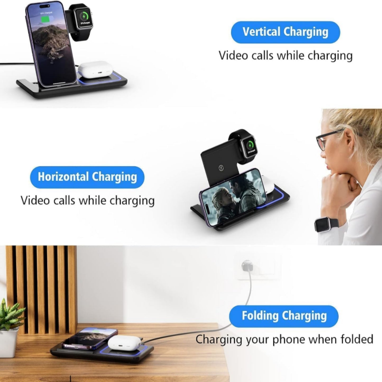 Foldable 3-in-1 Wireless Charging Station – Fast Charger Stand for iPhone, Apple Watch & AirPods