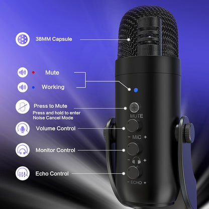 USB Condenser Microphone for All Devices, Plug & Play Computer Mic with Headphone Monitoring, Cardioid Noise Cancelling for Gaming, Streaming, Podcast & Recording