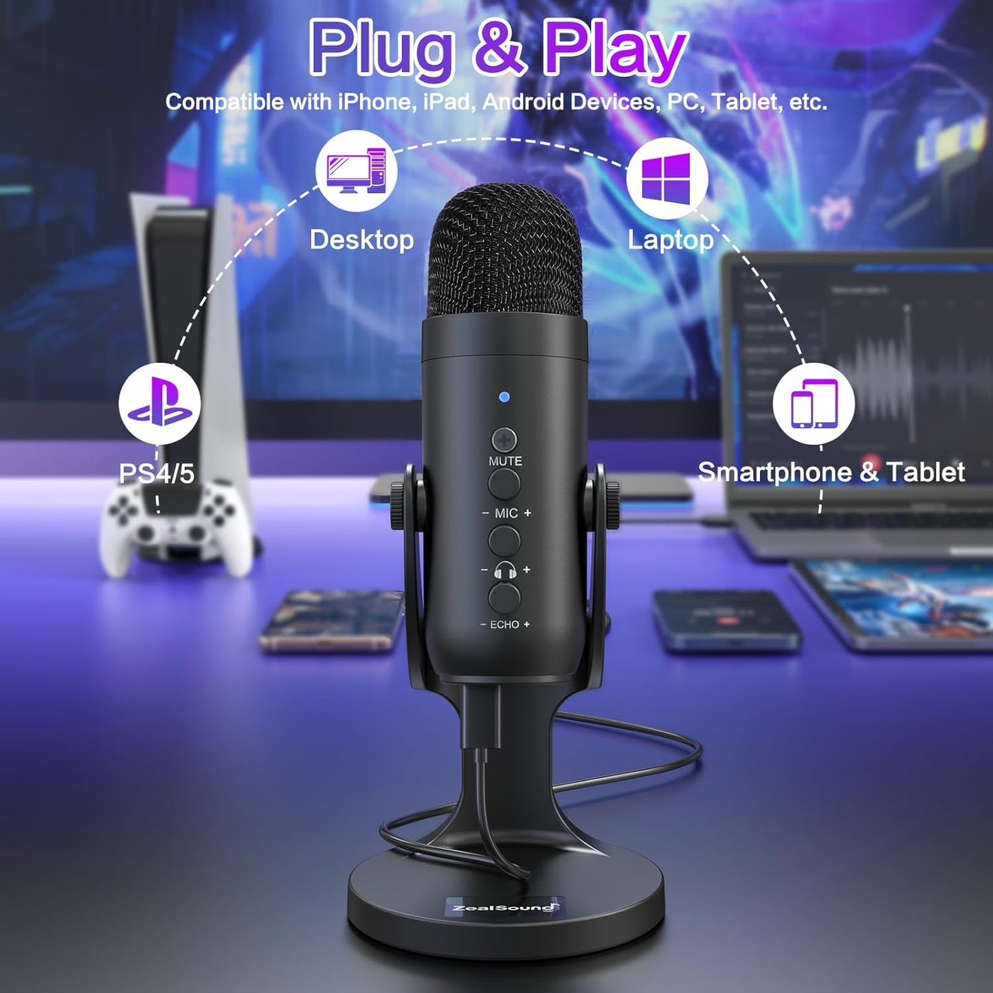 USB Condenser Microphone for All Devices, Plug & Play Computer Mic with Headphone Monitoring, Cardioid Noise Cancelling for Gaming, Streaming, Podcast & Recording