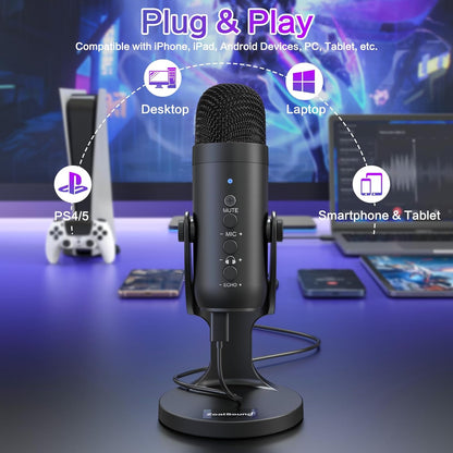 USB Condenser Microphone for All Devices, Plug & Play Computer Mic with Headphone Monitoring, Cardioid Noise Cancelling for Gaming, Streaming, Podcast & Recording