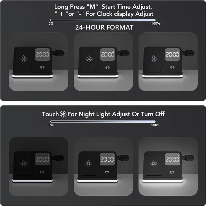 6-in-1 Wireless Charging Station with Alarm Clock & LED Light – Phone, Watch & Earbuds Charger