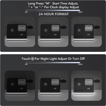 6-in-1 Wireless Charging Station with Alarm Clock & LED Light – Phone, Watch & Earbuds Charger