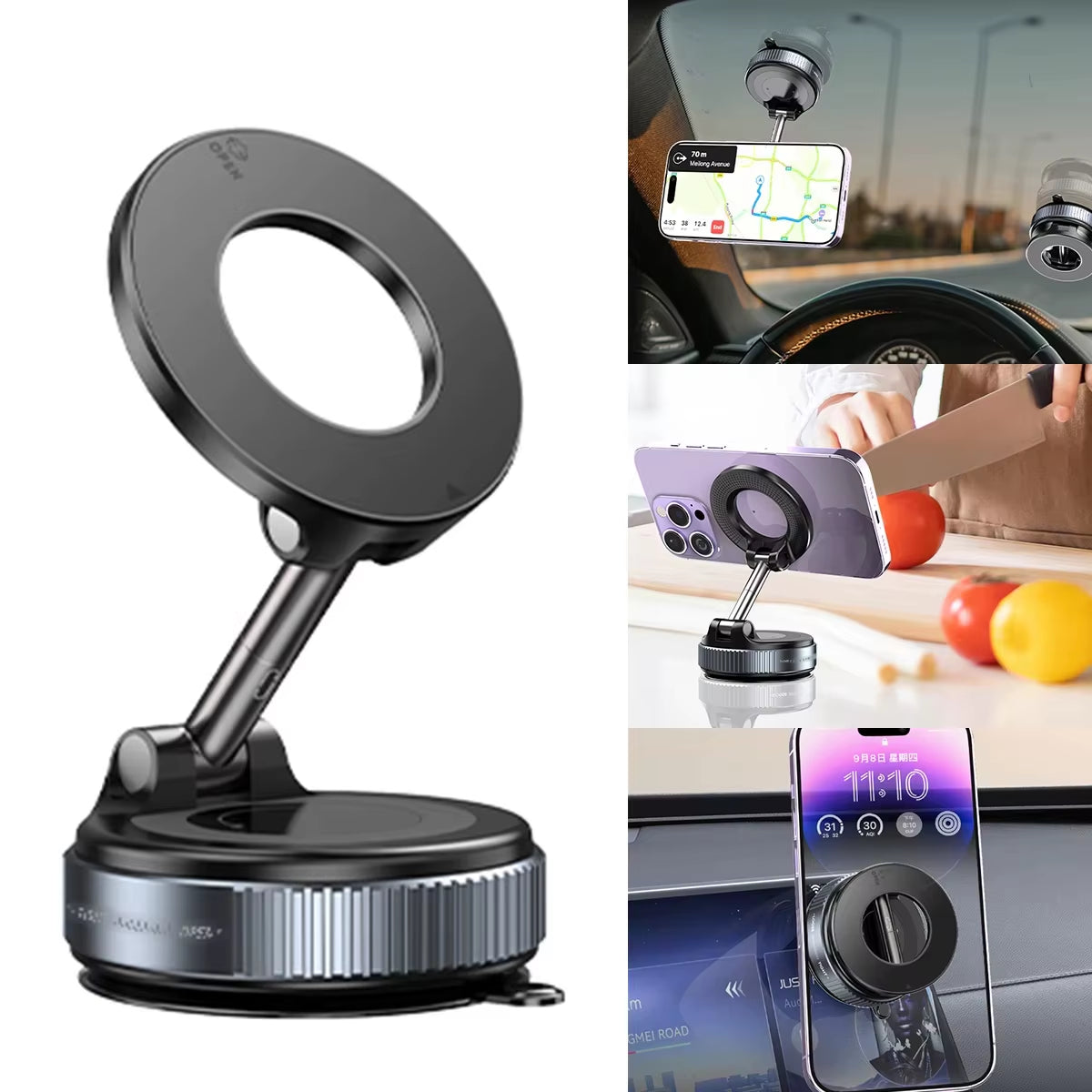 Magnetic Car Phone Mount with Vacuum Suction – 360° Rotating Universal Phone Holder