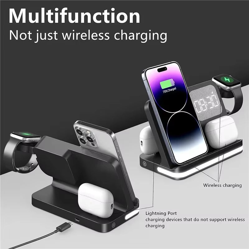 6-in-1 Wireless Charging Station with Alarm Clock & LED Light – Phone, Watch & Earbuds Charger