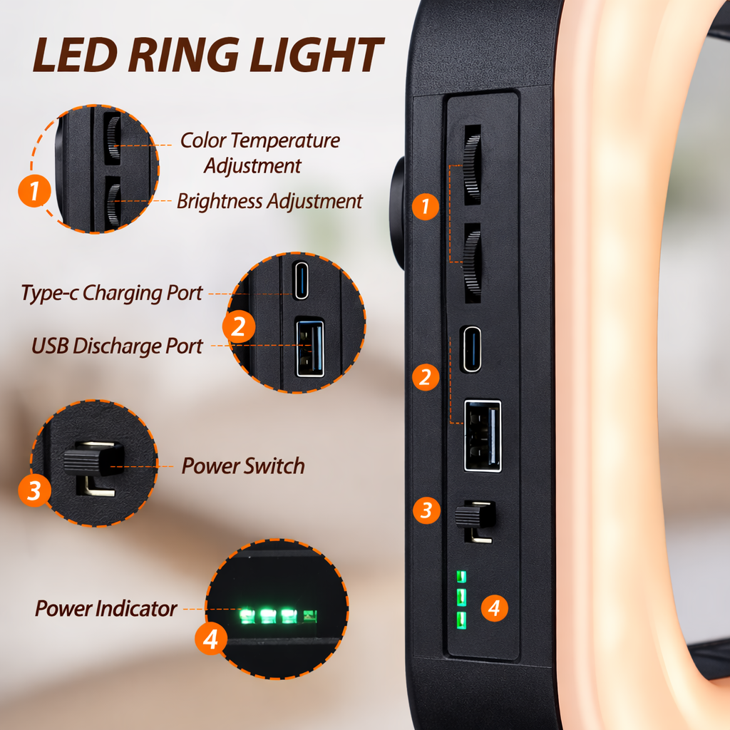 Portable Handheld Ring LED Fill Light with Tripod Option, 8000mAh Rechargeable Photography & Live Streaming Selfie Light