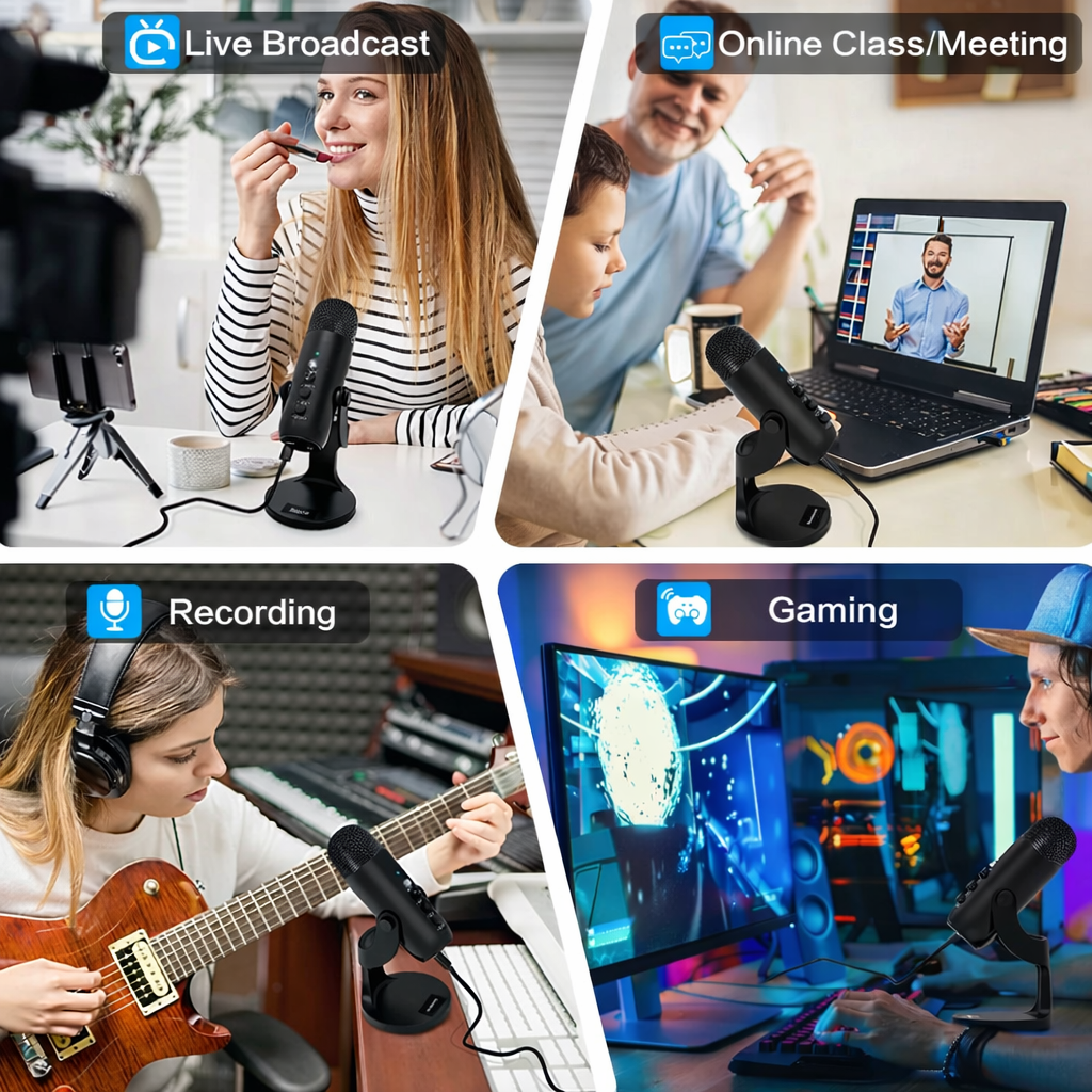 USB Condenser Microphone for All Devices, Plug & Play Computer Mic with Headphone Monitoring, Cardioid Noise Cancelling for Gaming, Streaming, Podcast & Recording