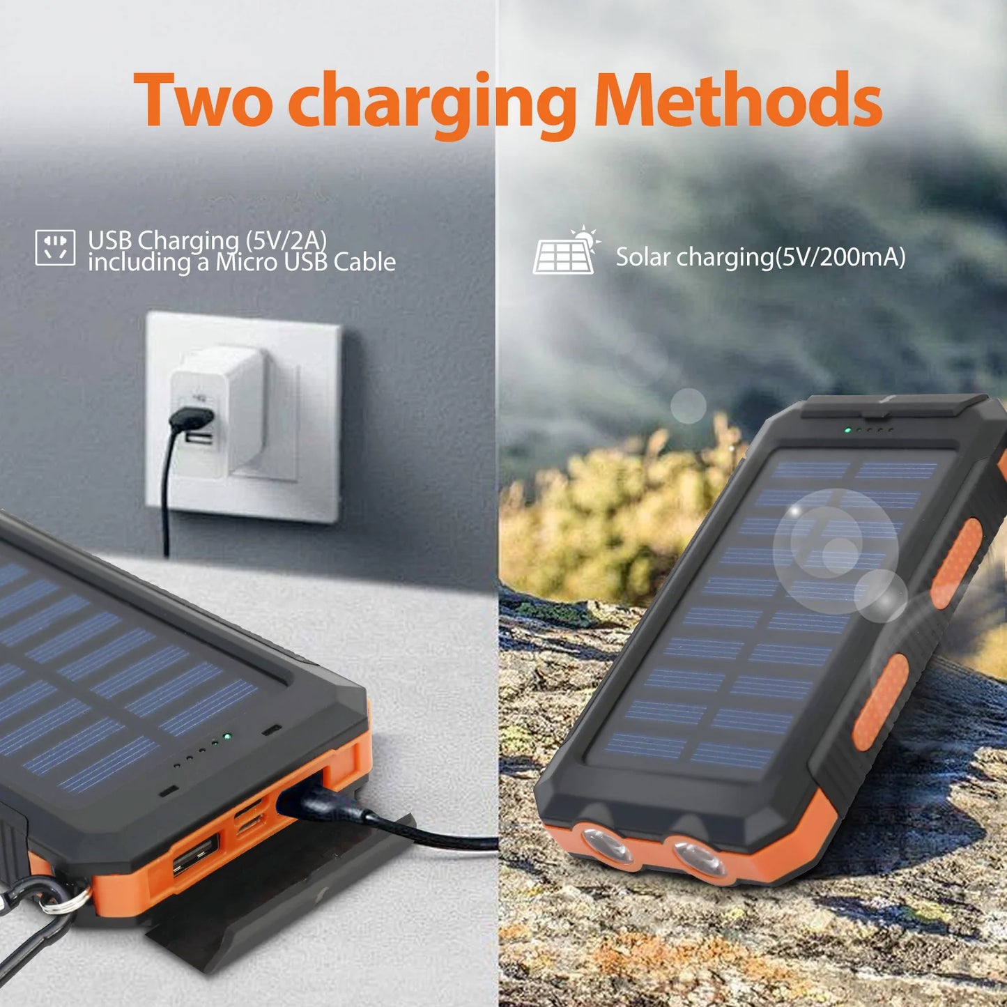20000mAh Solar Power Bank Portable Charger, Waterproof Dual USB 5V, LED Flashlight for Outdoor & Emergency Use