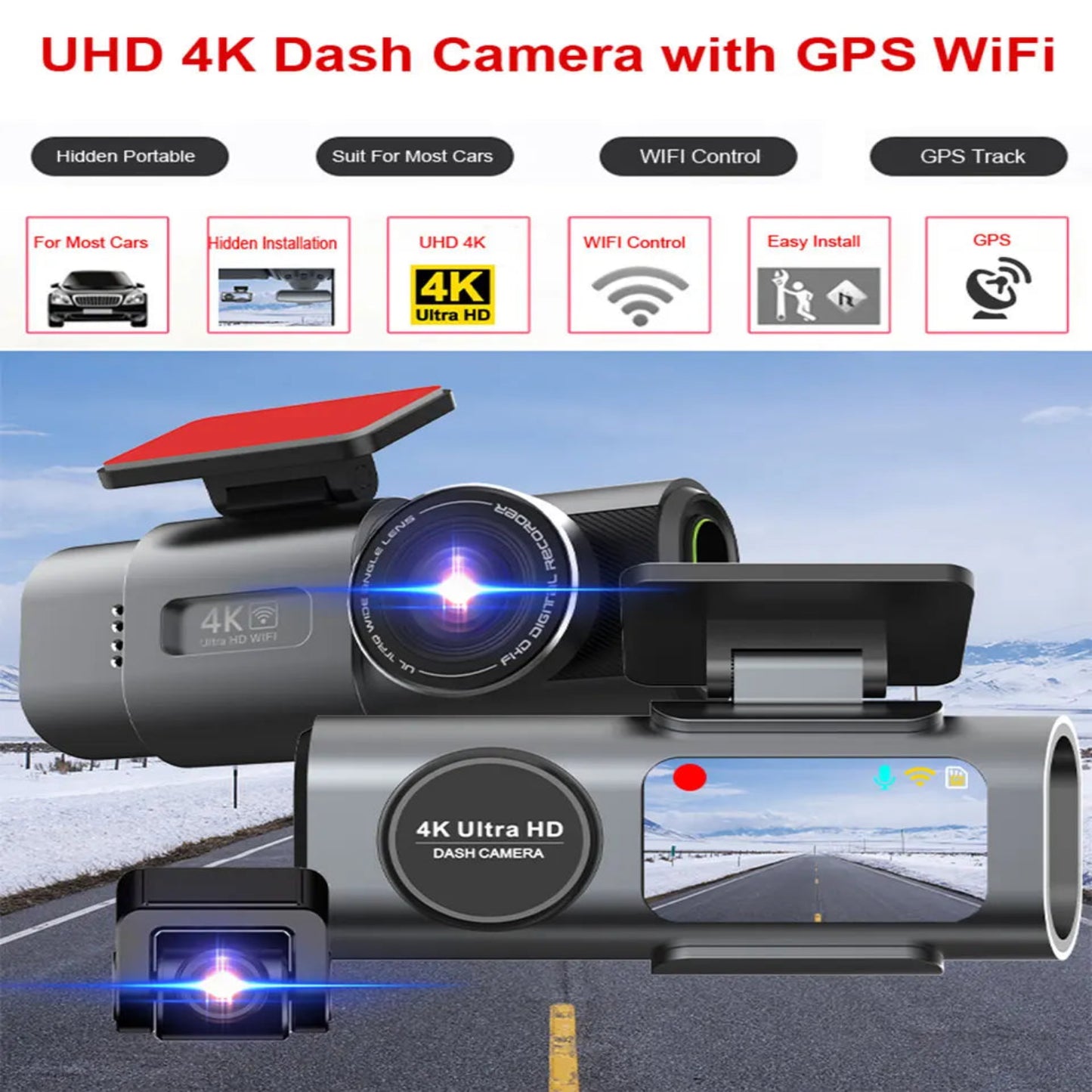 4K UHD Dash Cam B53P Front Camera, WiFi & GPS Car DVR, Night Vision, Wide Angle, Parking Monitor Support