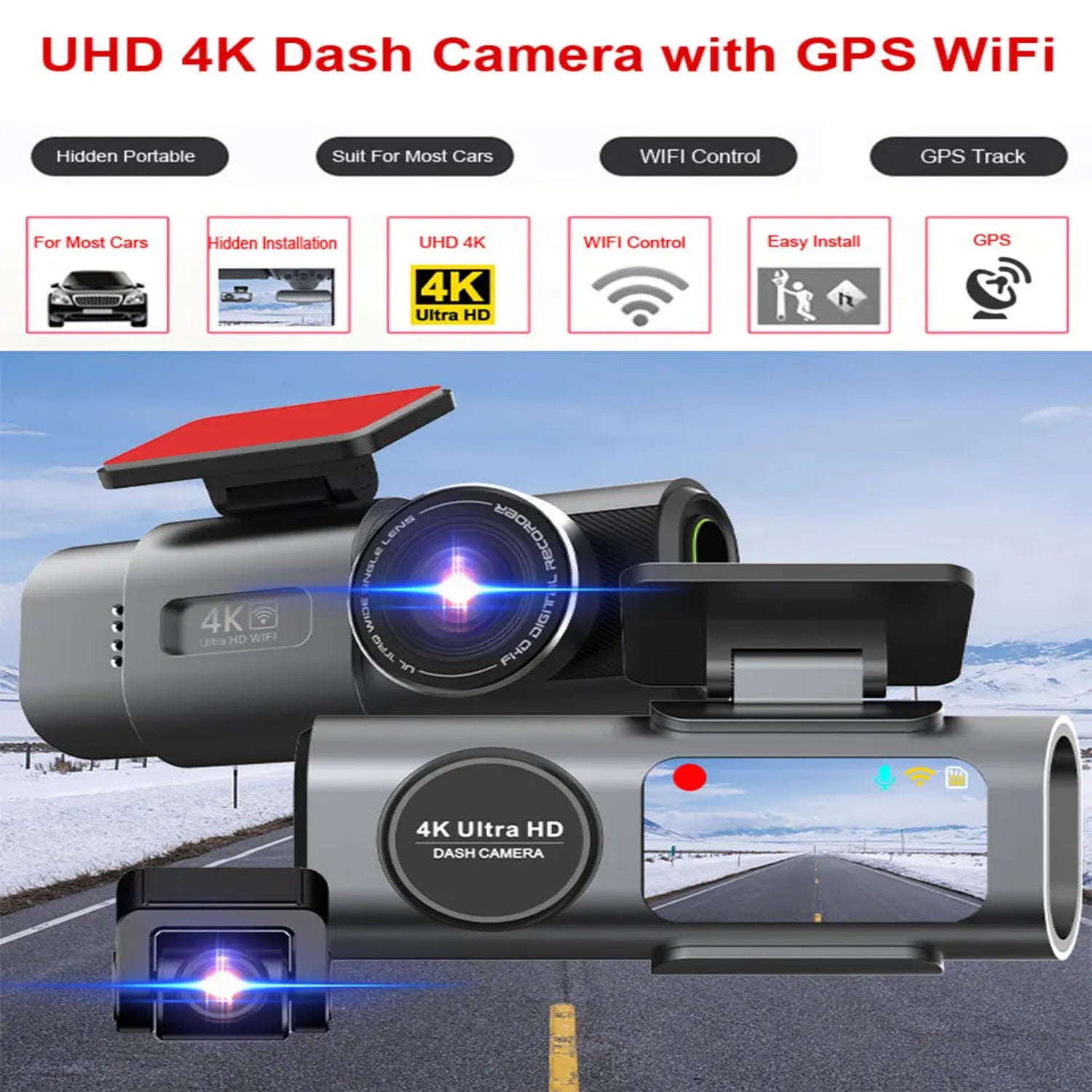 4K UHD Dash Cam B53P Front Camera, WiFi & GPS Car DVR, Night Vision, Wide Angle, Parking Monitor Support