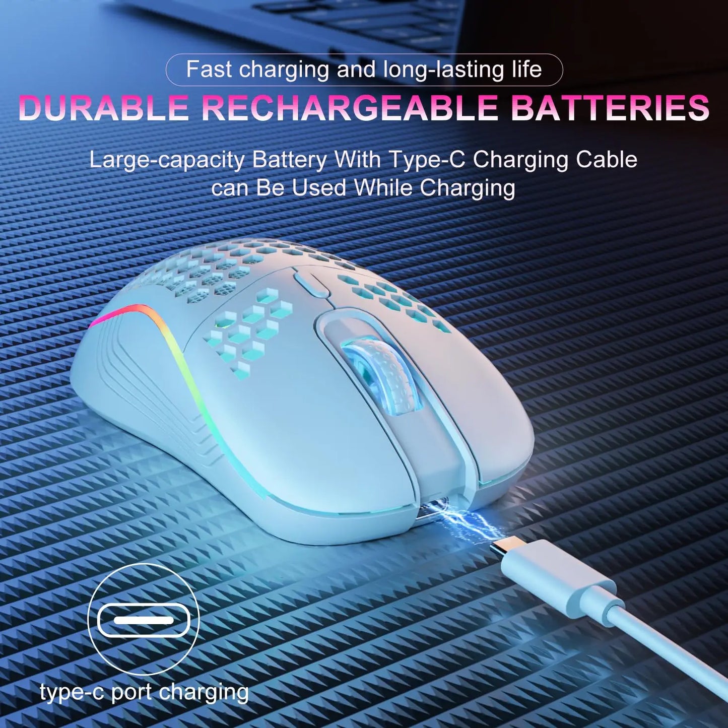 2.4G Wireless RGB Gaming Mouse – Rechargeable Type-C, 6-Button Ergonomic Honeycomb Design, Adjustable DPI