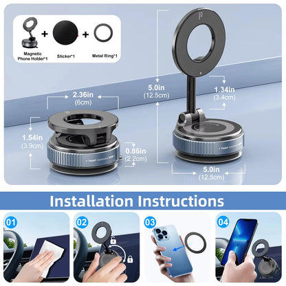 Magnetic Car Phone Mount with Vacuum Suction – 360° Rotating Universal Phone Holder