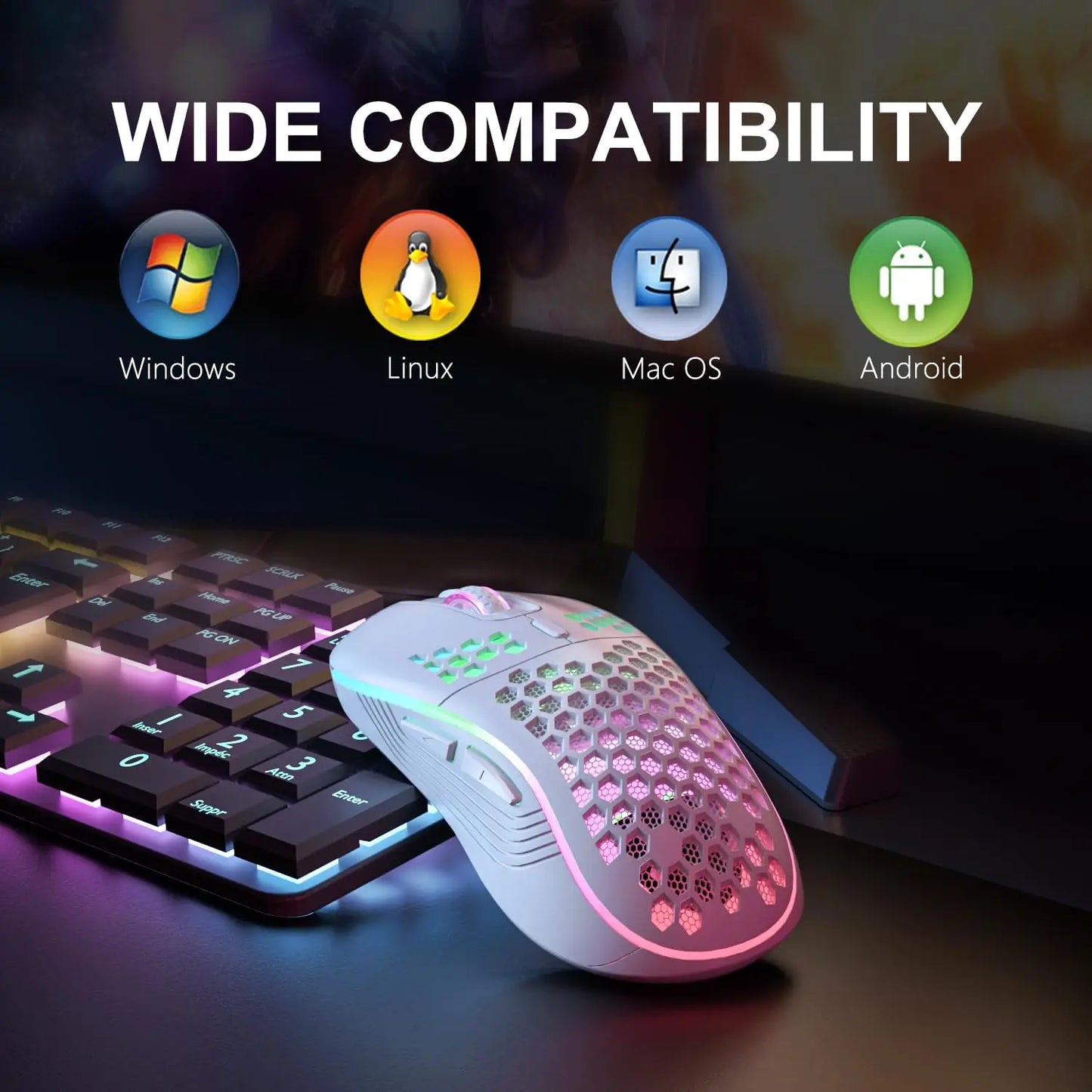 2.4G Wireless RGB Gaming Mouse – Rechargeable Type-C, 6-Button Ergonomic Honeycomb Design, Adjustable DPI