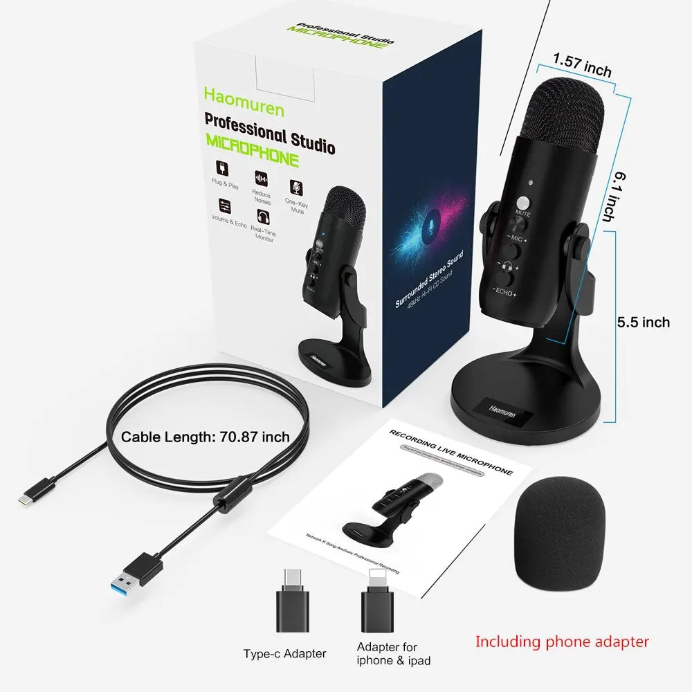 USB Condenser Microphone for PC & Mac, Plug & Play Computer Mic with Headphone Monitoring, Cardioid Noise Cancelling for Gaming, Streaming, Podcast & Recording