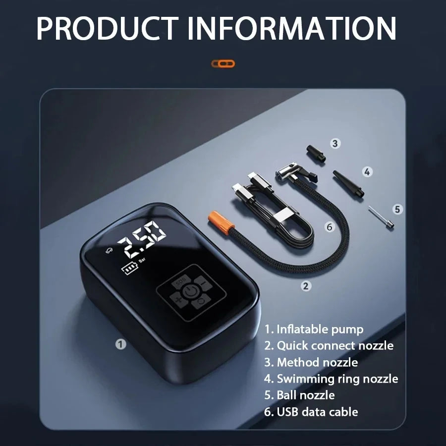 Wireless Electric Tire Inflator – Portable Air Compressor with Digital Display & LED Light