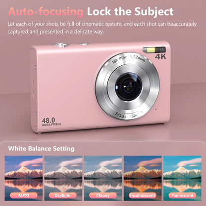 4K Digital Camera 48MP Autofocus Vlogging Camera with 2.8” Screen, 16X Zoom, LED Fill Light for Kids & Adults