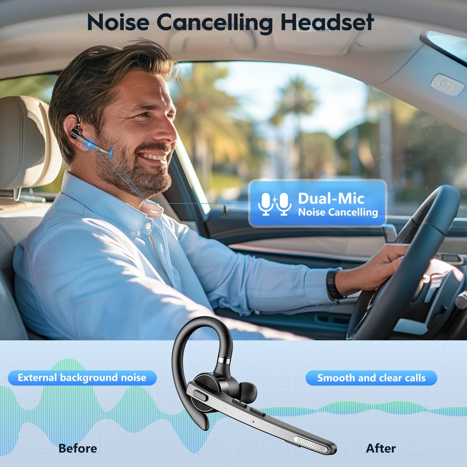 M53 Bluetooth Headset Wireless, Dual Mic Noise Cancelling Handsfree Earpiece for Driving & Office