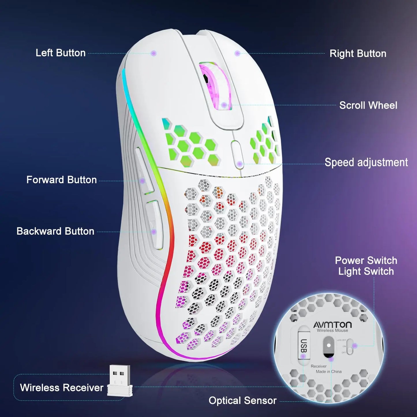 2.4G Wireless RGB Gaming Mouse – Rechargeable Type-C, 6-Button Ergonomic Honeycomb Design, Adjustable DPI