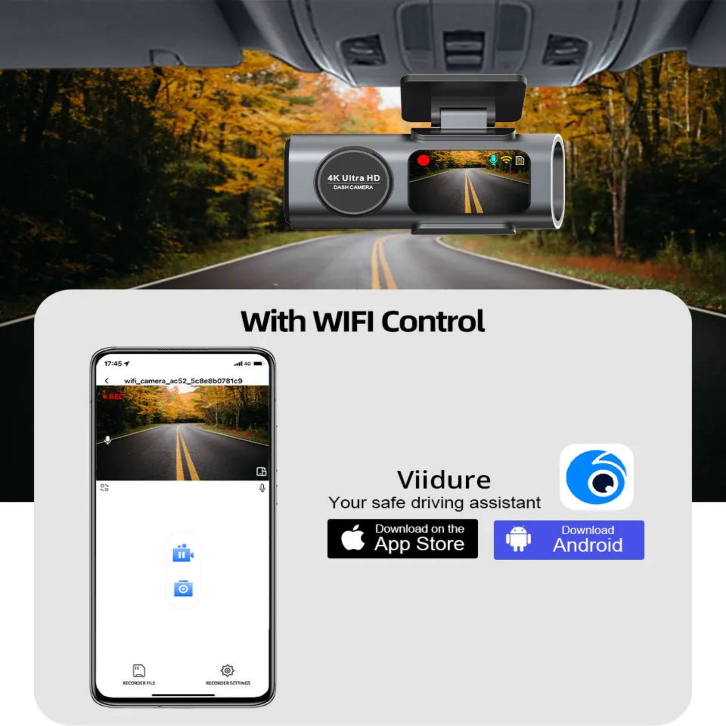 4K UHD Dash Cam B53P Front Camera, WiFi & GPS Car DVR, Night Vision, Wide Angle, Parking Monitor Support