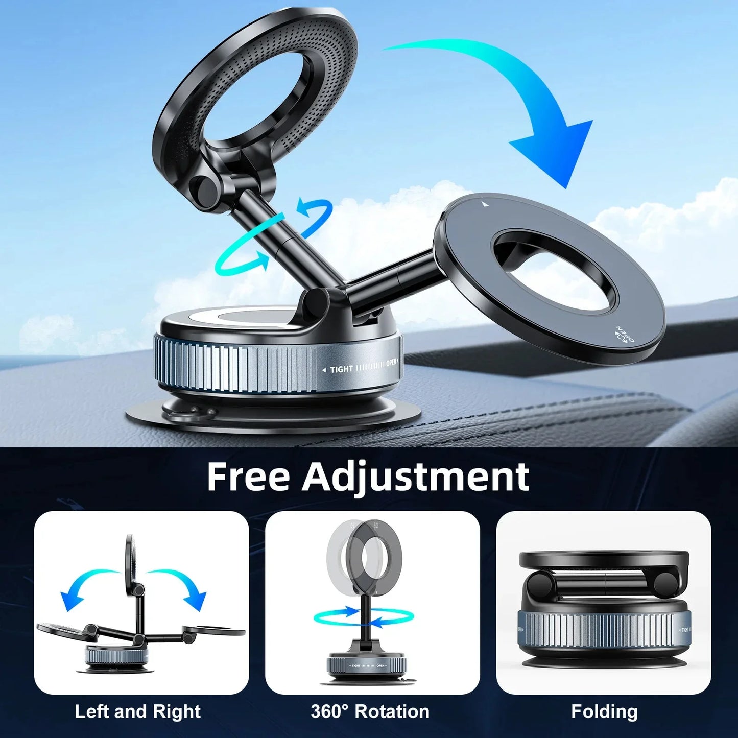 Magnetic Car Phone Mount with Vacuum Suction – 360° Rotating Universal Phone Holder
