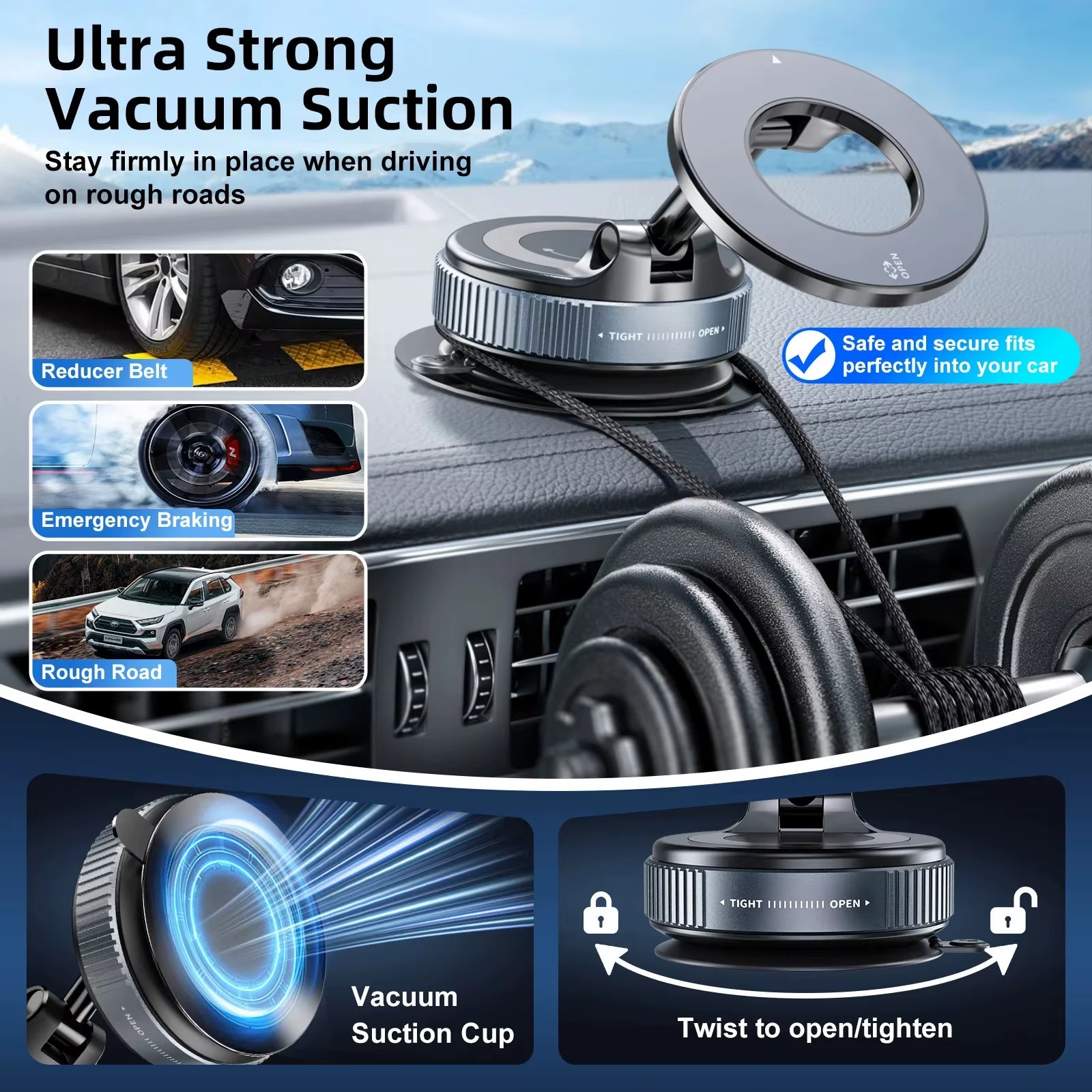 Magnetic Car Phone Mount with Vacuum Suction – 360° Rotating Universal Phone Holder