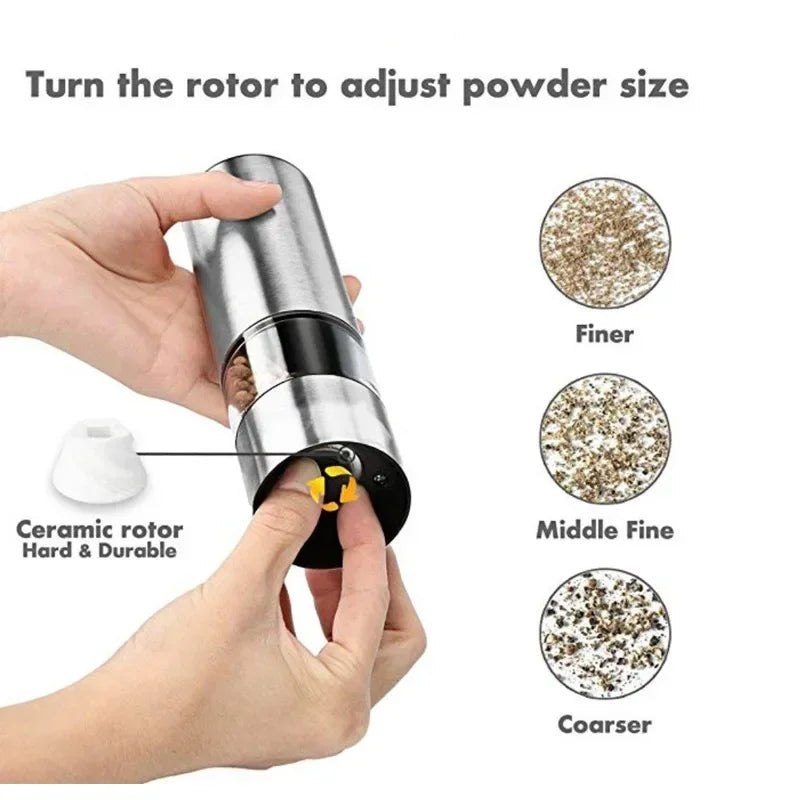 Electric Salt & Pepper Grinder – One-Hand Automatic Stainless Steel Mill with LED Light