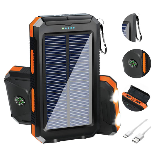 20000mAh Solar Power Bank Portable Charger, Waterproof Dual USB 5V, LED Flashlight for Outdoor & Emergency Use
