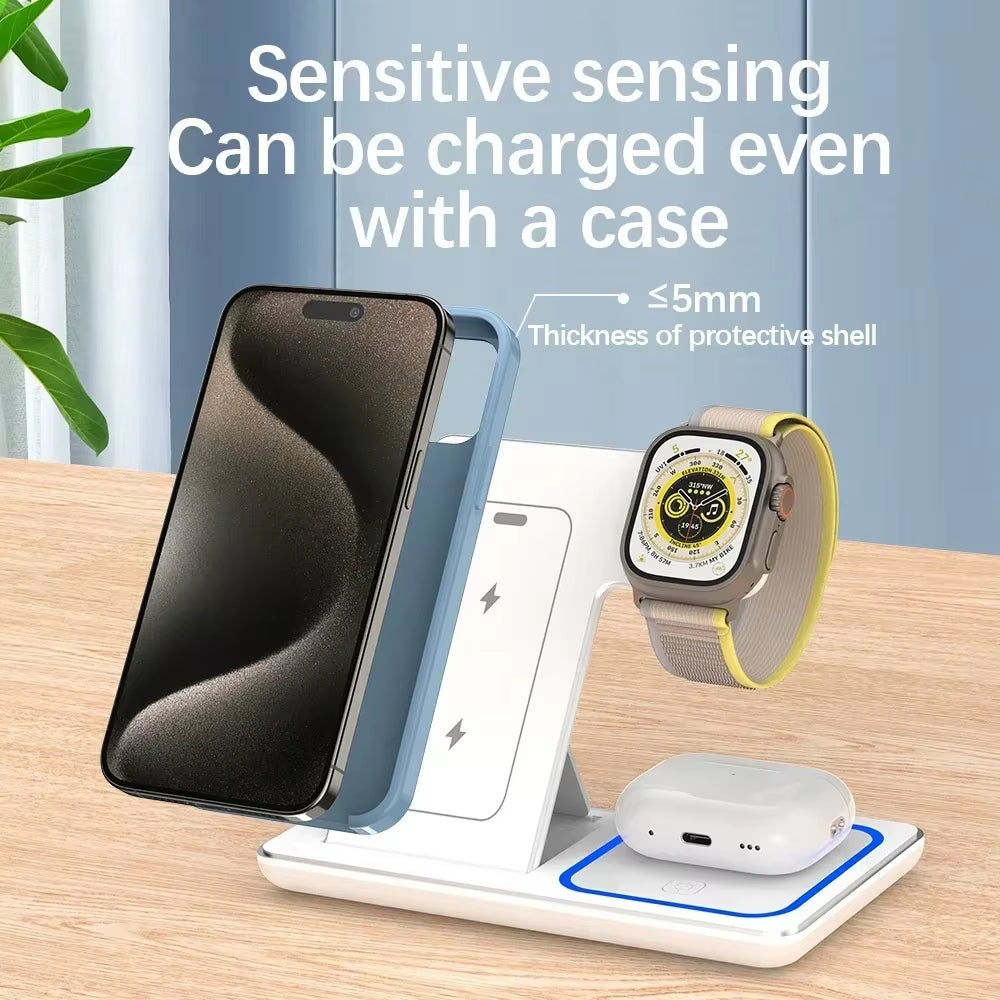 Foldable 3-in-1 Wireless Charging Station – Fast Charger Stand for iPhone, Apple Watch & AirPods