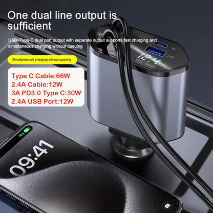 4-in-1 Car Charger with Retractable Cables – USB-C & USB-A Fast Charging