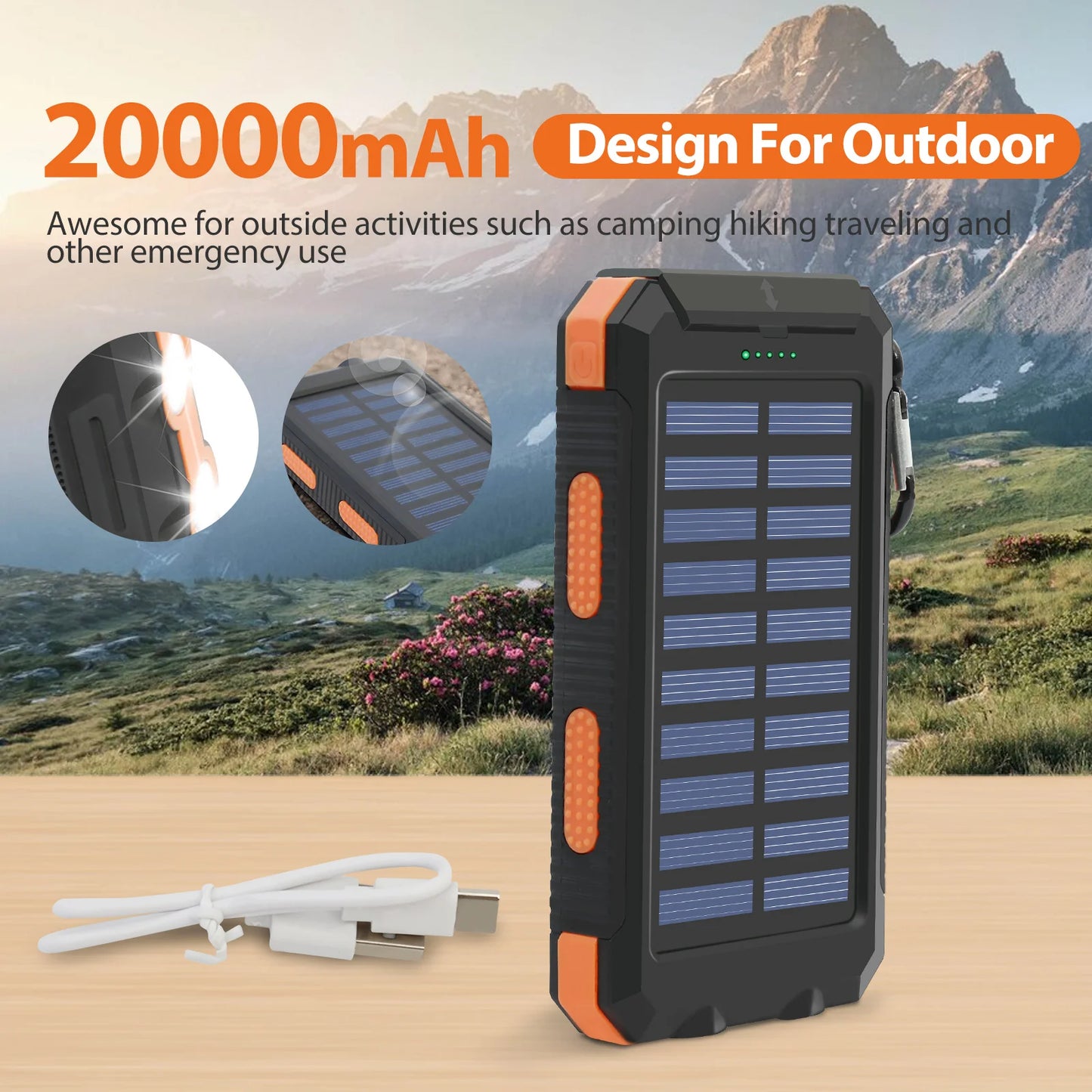 20000mAh Solar Power Bank Portable Charger, Waterproof Dual USB 5V, LED Flashlight for Outdoor & Emergency Use