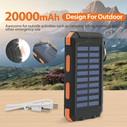 20000mAh Solar Power Bank Portable Charger, Waterproof Dual USB 5V, LED Flashlight for Outdoor & Emergency Use